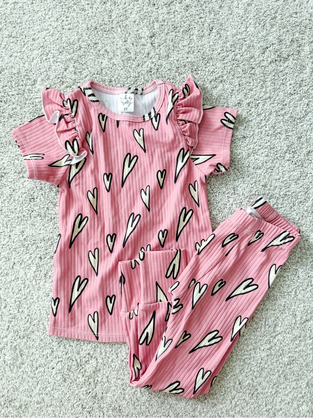 Girls Pink Heart-Print Ribbed  Set - Short Sleeve Top & Pants